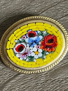 Handmade Micro Mosaic Floral Oval Brooch with Yellow Border Vintage